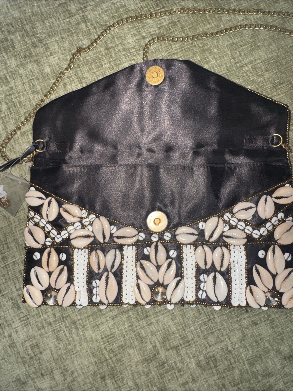 NWT Clements Ribeiro Black Embellished Seashell Crossbody Bag Beige Sequin Beads - Picture 6 of 8